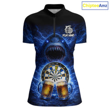 Load image into Gallery viewer, Blue Horror Shark Cheer Beer &amp; Dartboard Women Darts Quarter-Zip Shirt Custom Funny Dart Team Jersey NYN2617