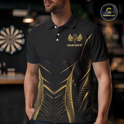 Personalized Black And Gold Wings Dart Arrow Men Darts Polo Shirt Custom Dart Team Jersey NYN2619