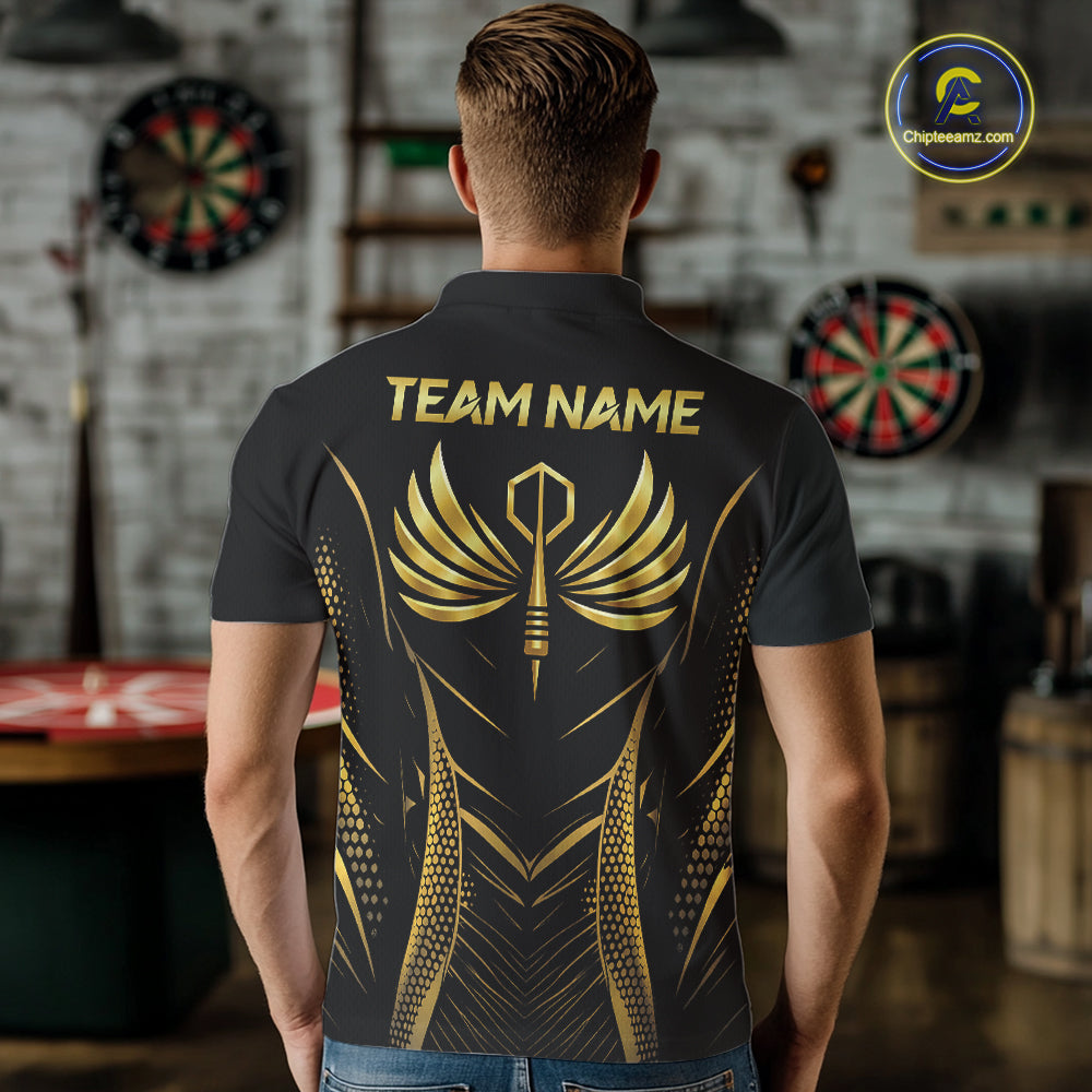 Personalized Black And Gold Wings Dart Arrow Men Darts Polo Shirt Custom Dart Team Jersey NYN2619