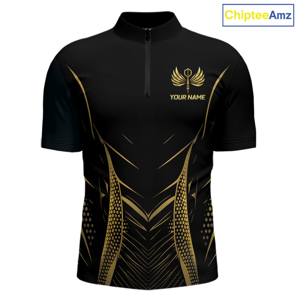 Personalized Black And Gold Wings Dart Arrow Men Darts Quarter-Zip Shirt Custom Dart Team Jersey NYN2619