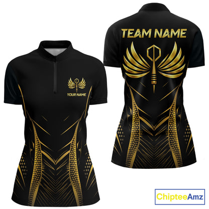 Personalized Black And Gold Wings Dart Arrow Women Darts Quarter-Zip Shirt Custom Dart Team Jersey NYN2619