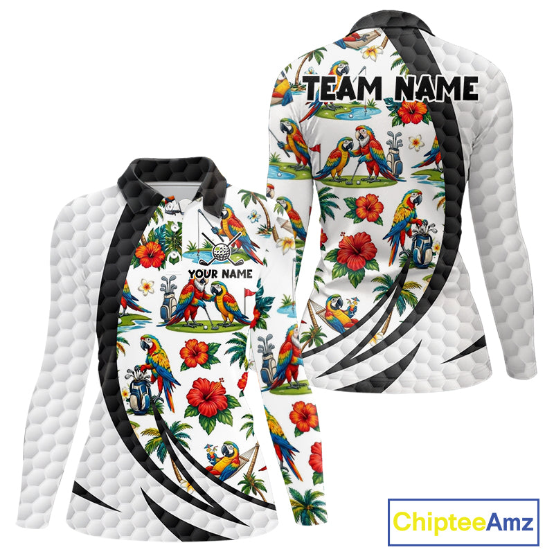 Tropical White And Black Golf Ball Polo Golf Shirts For Women Custom Parrot Golf Team Attire NYN3175