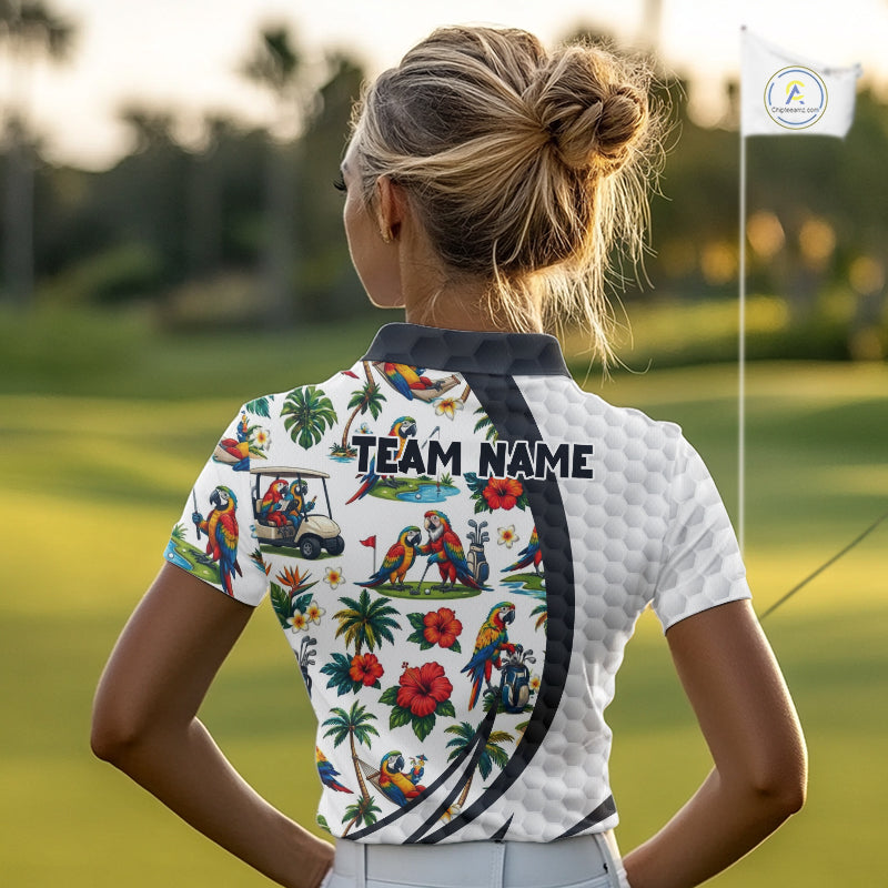 Tropical White And Black Golf Ball Polo Golf Shirts For Women Custom Parrot Golf Team Attire NYN3175