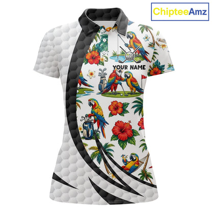 Tropical White And Black Golf Ball Polo Golf Shirts For Women Custom Parrot Golf Team Attire NYN3175