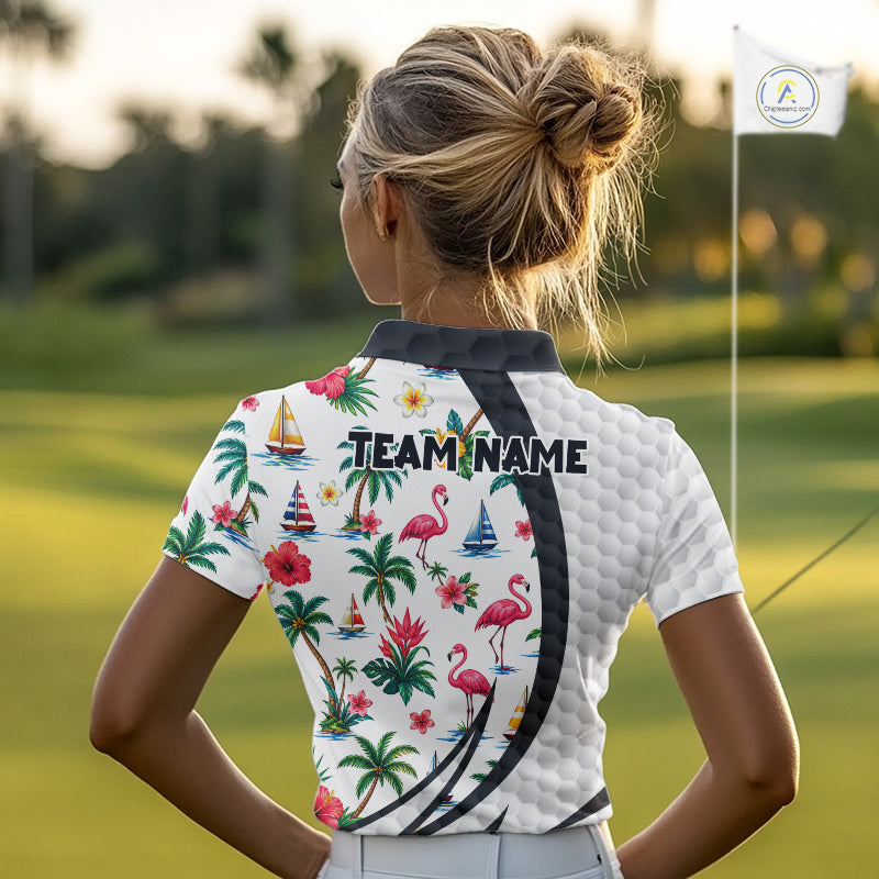 Tropical White And Black Golf Ball Polo Golf Shirts For Women Custom Flamingo Golf Team Attire NYN3176