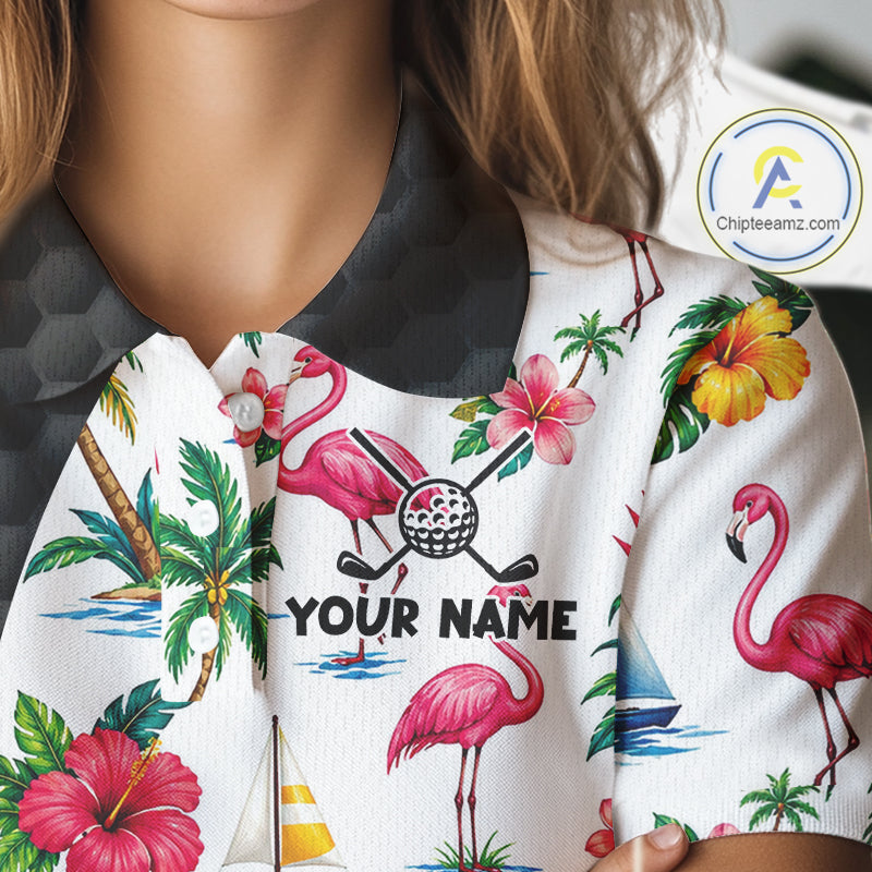 Tropical White And Black Golf Ball Polo Golf Shirts For Women Custom Flamingo Golf Team Attire NYN3176