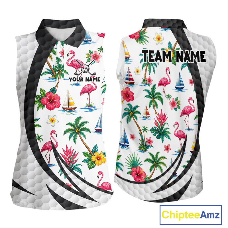 Tropical White And Black Golf Ball Sleeveless Polo Golf Shirts For Women Custom Flamingo Golf Attire NYN3176