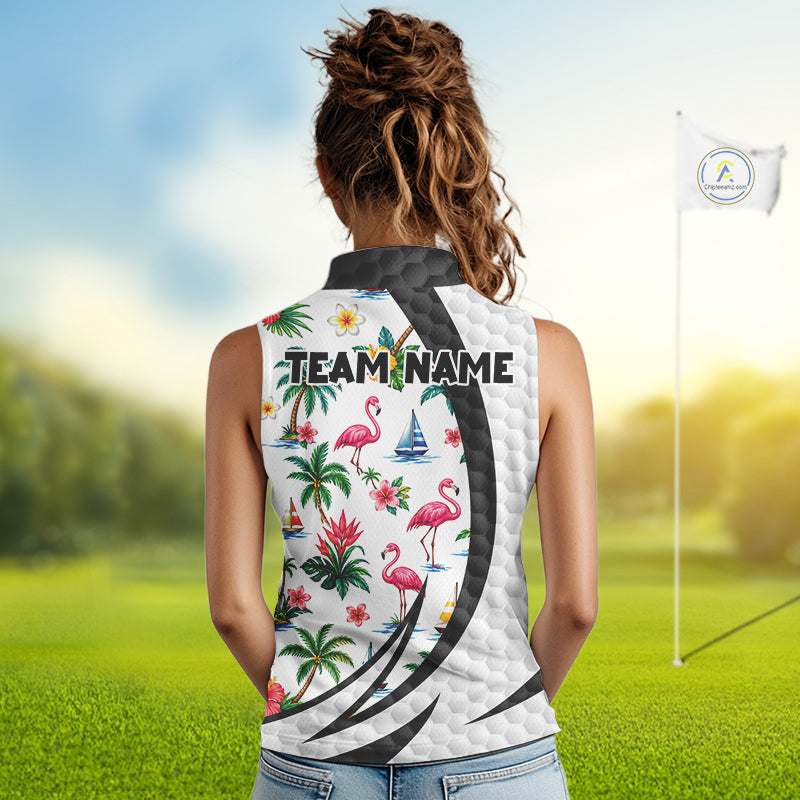 Tropical White And Black Golf Ball Sleeveless Polo Golf Shirts For Women Custom Flamingo Golf Attire NYN3176
