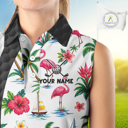 Tropical White And Black Golf Ball Sleeveless Polo Golf Shirts For Women Custom Flamingo Golf Attire NYN3176