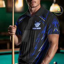 Load image into Gallery viewer, Male billiard player wearing patriotic American flag billiard jersey during league competition, premium sports apparel for veterans, Father's Day gifts and tournament champions, representing leadership, strength and national pride.