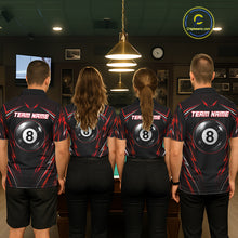 Load image into Gallery viewer, Men women billiard team wearing matching black red American flag jerseys for league tournaments, representing unity, passion, strength and championship performance.