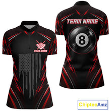 Load image into Gallery viewer, Women's quarter-zip billiard jersey featuring black red patriotic flag with illuminated 8 ball graphics, custom tournament apparel for pool leagues and competitive teams.