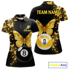 Load image into Gallery viewer, Women's billiard polo with black gold butterfly artwork and billiard ball graphics, premium custom jersey for stylish league players, luxury sportswear fans and tournament competition.
