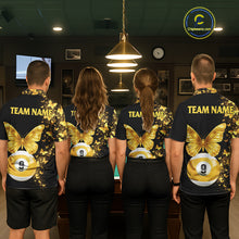 Load image into Gallery viewer, Men women billiard team wearing matching black gold butterfly jerseys for tournaments, symbolizing unity, sophistication, success and championship spirit.