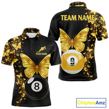 Load image into Gallery viewer, Men's billiard polo featuring luxurious black gold butterflies with realistic 8 ball and 9 ball graphics, personalized premium pool apparel for stylish players, luxury sportswear fans and tournament competitors, symbolizing success and transformation.