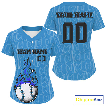 Custom Blue Flames Baseball Ball Jersey For Women Personalized Youth Baseball Shirt NYN0900