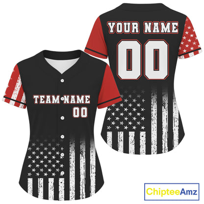 Custom Black And Red US Flag Patriotic Baseball Shirt For Women Youth Baseball Jerseys NYN0902