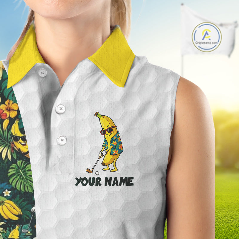 Custom Banaba Golfer Golf Ball Team Attire Tropical Monstera Golf Sleeveless Polo Golf Shirts For Women NYN3178