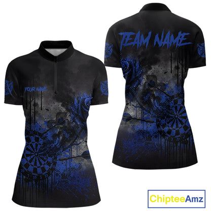 Custom Blue Splatter Rose Dartboard Grunge Darts Quarter-Zip Shirt For Women Outfit Dart Jerseys NYN1834