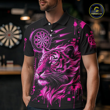 Pink Neon Tiger Lightning Dartboard Men Dart Polo Shirts Custom Name & Team Dart Jerseys NYN2098