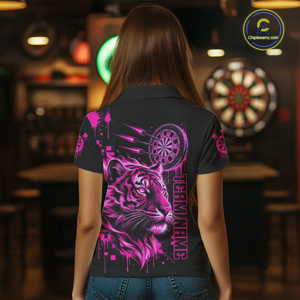 Pink Neon Tiger Lightning Dartboard Women Dart Polo Shirts Custom Name & Team Dart Jerseys NYN2098