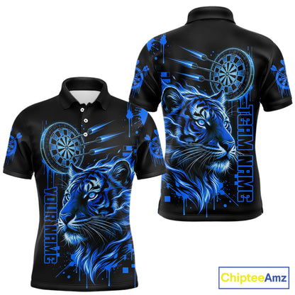 Blue Neon Tiger Lightning Dartboard Men Dart Polo Shirts Custom Name & Team Dart Jerseys NYN2100