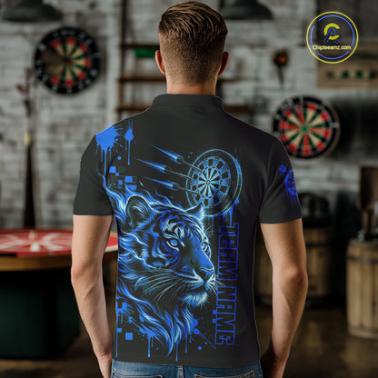 Blue Neon Tiger Lightning Dartboard Men Dart Polo Shirts Custom Name & Team Dart Jerseys NYN2100