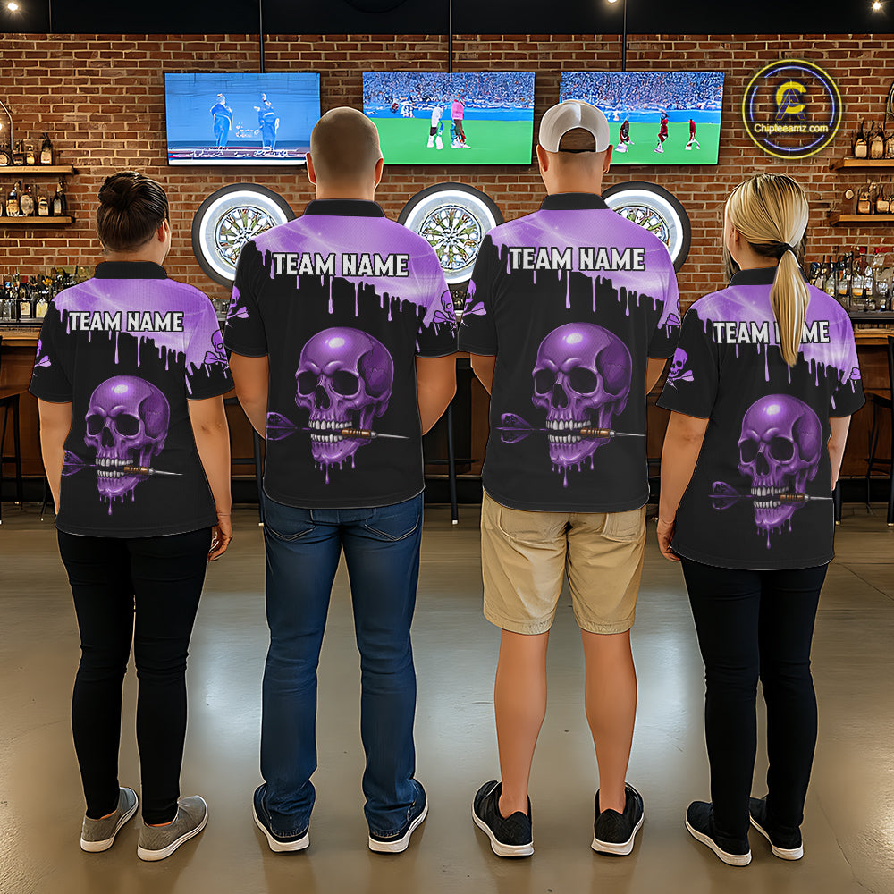 Custom Holographic Purple Skull Darts Shirt Polo For Men Light Skull Dart League Jerseys NYN2109