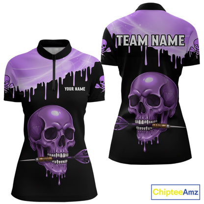 Custom Holographic Purple Skull Darts Shirt 1/4-Zip For Women Light Skull Dart League Jerseys NYN2109