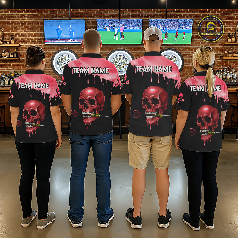 Custom Holographic Red Skull Darts Shirt 1/4-Zip For Men Light Skull Dart League Jerseys NYN2110