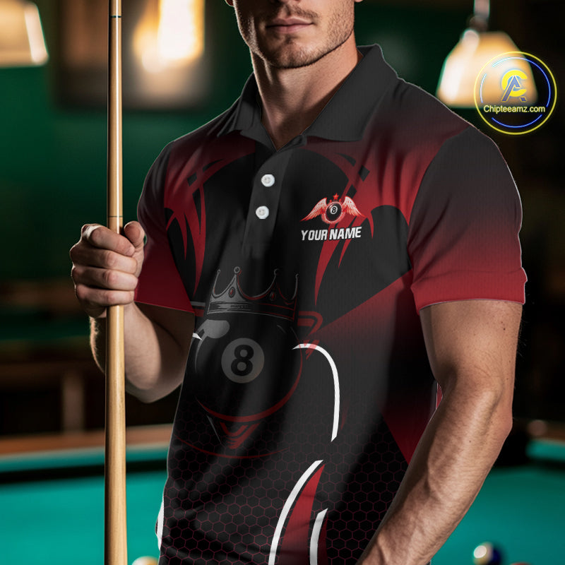 Black & Red 8 Ball Crown Men's Billiard Polo & 1/4 Zip Shirt Custom Billiard Team Jersey NYN2344