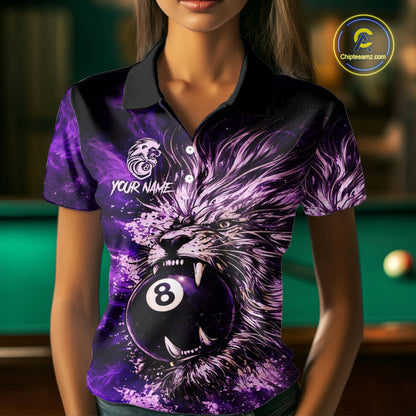 Purple Smokes Lion Paint Pool 8 Ball Women Billiard Polo & 1/4-Zip Shirt Custom Billiard Team Attire NYN2626