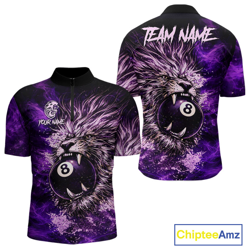 Purple Smokes Lion Paint Pool 8 Ball Men Billiard Polo & 1/4-Zip Shirt Custom Billiard Team Attire NYN2626