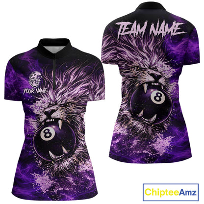 Purple Smokes Lion Paint Pool 8 Ball Women Billiard Polo & 1/4-Zip Shirt Custom Billiard Team Attire NYN2626