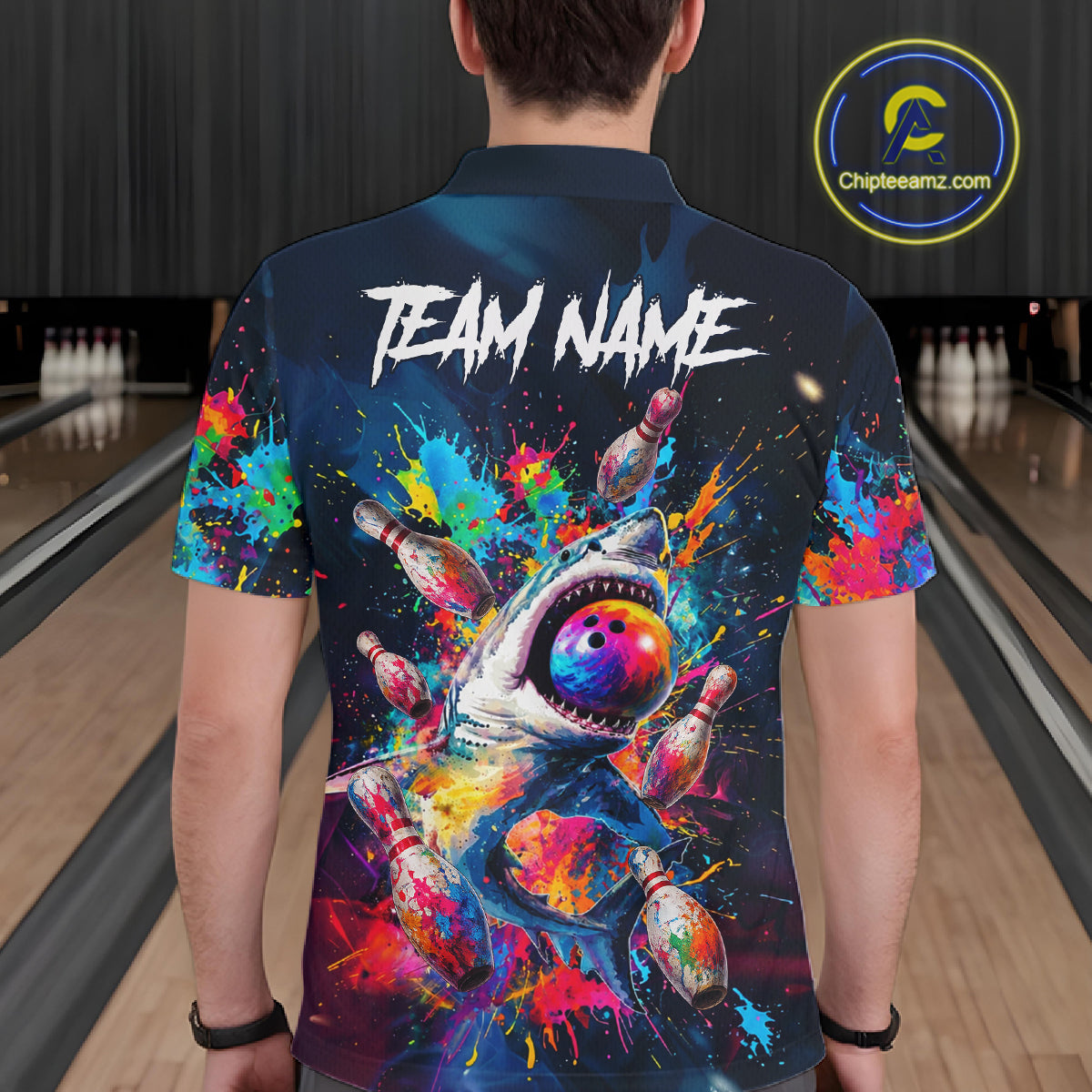 Male bowler wearing funny shark bowling jersey during league competition, premium bowling apparel for animal lovers, casual bowlers and tournament players, symbolizing fun, fearless competition and confidence.