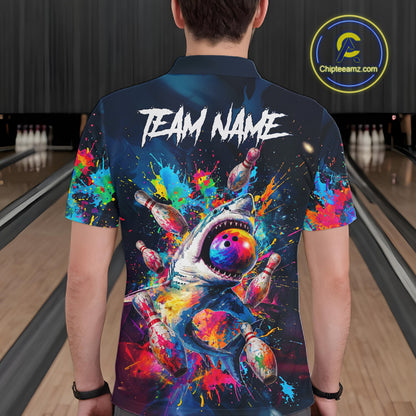 Male bowler wearing funny shark bowling jersey during league competition, premium bowling apparel for animal lovers, casual bowlers and tournament players, symbolizing fun, fearless competition and confidence.