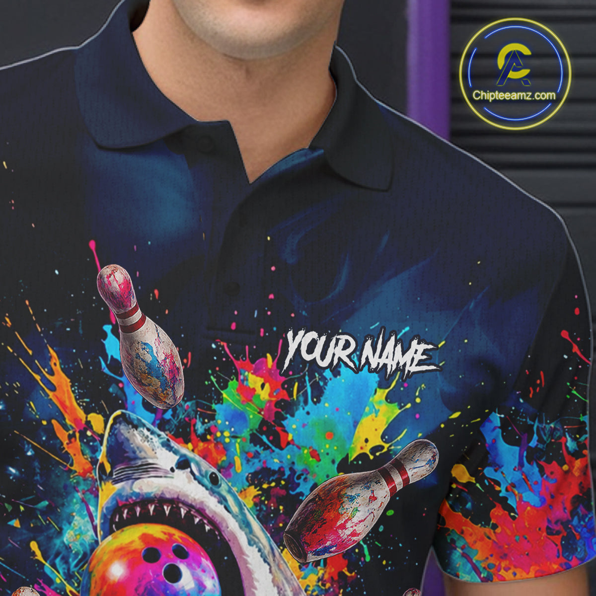 Male bowler wearing funny shark bowling jersey during league competition, premium bowling apparel for animal lovers, casual bowlers and tournament players, symbolizing fun, fearless competition and confidence.