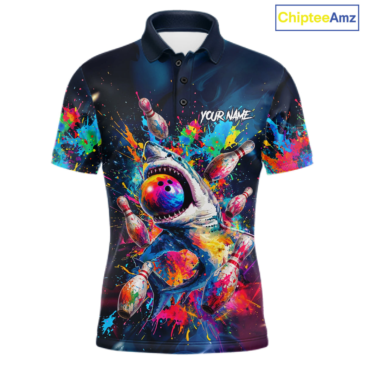 Men's bowling polo featuring colorful splatter funny shark artwork with bowling graphics, personalized bowling shirt for shark lovers, family bowling leagues, casual competitions and custom team uniforms, symbolizing fearless attitude, humor and positive energy