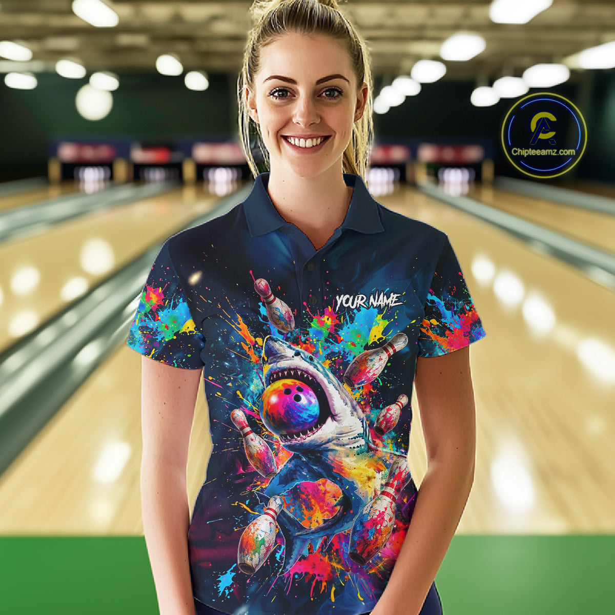Female bowler wearing colorful funny shark bowling jersey during league play, premium bowling apparel for animal lovers, casual competitors and tournament bowlers, symbolizing fearless attitude, positivity and confidence.