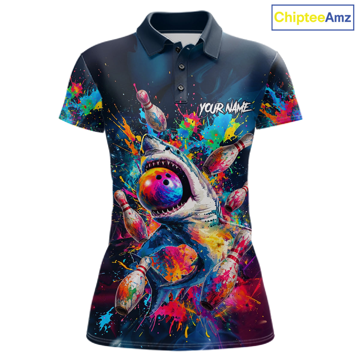 Women's bowling polo featuring colorful splatter funny shark artwork with bowling graphics, personalized performance bowling shirt for shark lovers, bowling leagues, family bowling nights and fun team uniforms, symbolizing confidence, humor and fearless competition.