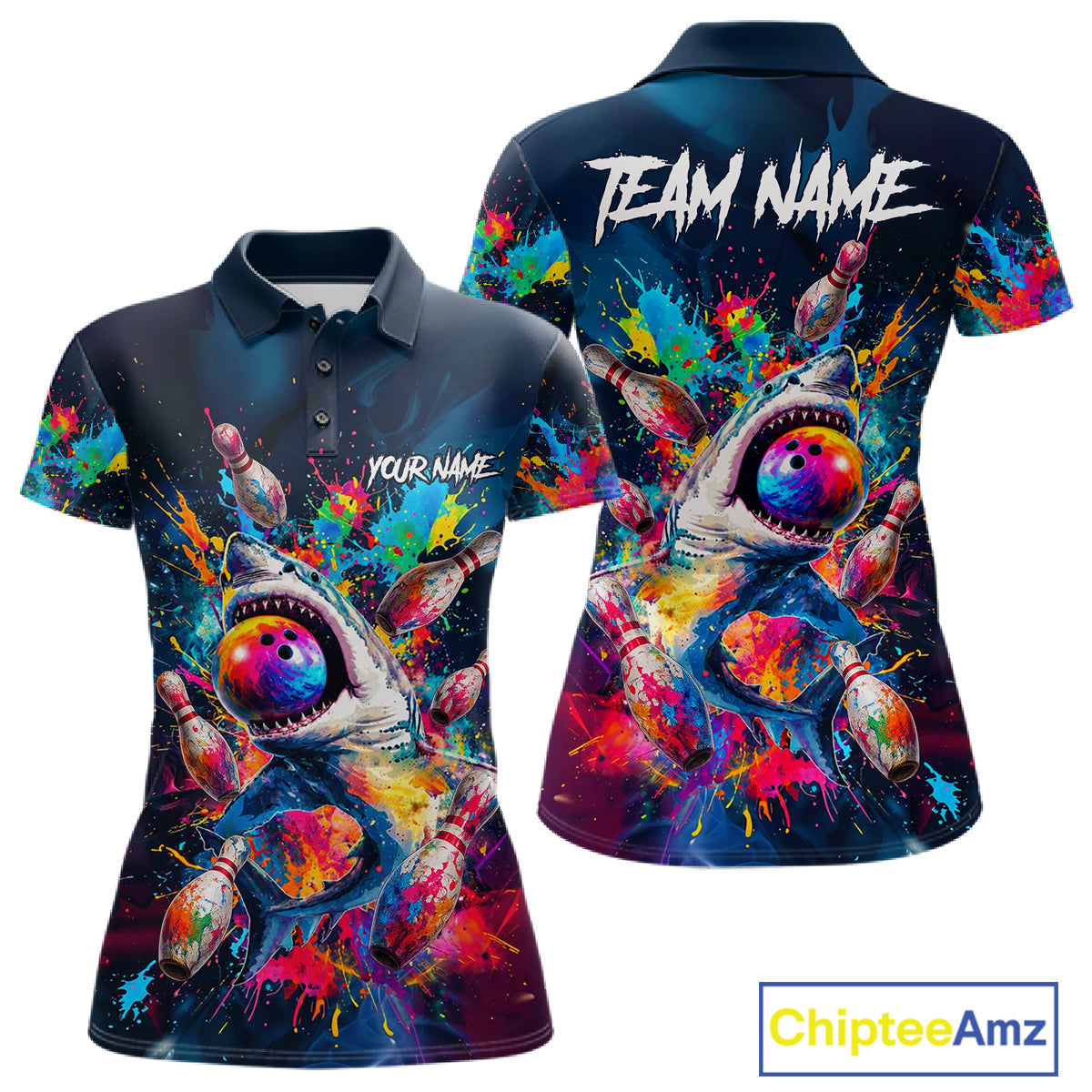 Women's bowling polo featuring colorful splatter funny shark artwork with bowling graphics, personalized performance bowling shirt for shark lovers, bowling leagues, family bowling nights and fun team uniforms, symbolizing confidence, humor and fearless competition.