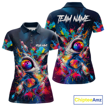 Women's bowling polo featuring colorful splatter funny shark artwork with bowling graphics, personalized performance bowling shirt for shark lovers, bowling leagues, family bowling nights and fun team uniforms, symbolizing confidence, humor and fearless competition.