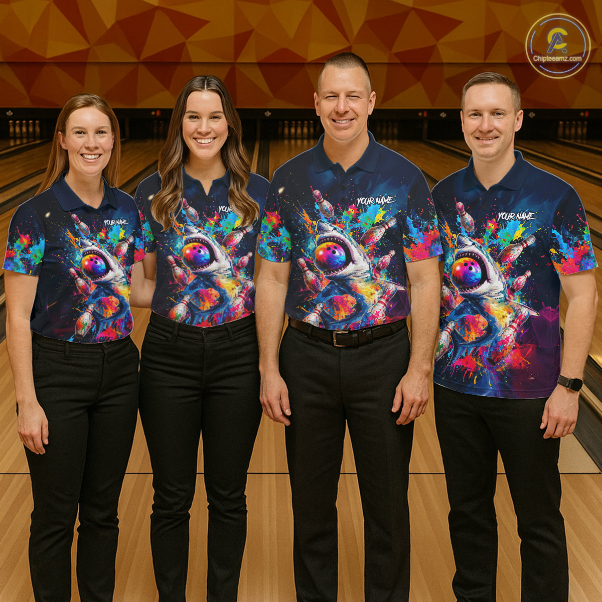 Men women bowling team wearing matching funny shark bowling jerseys during league tournaments, personalized team apparel representing friendship, humor, teamwork and championship spirit.
