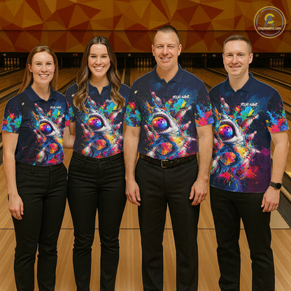 Men women bowling team wearing matching funny shark bowling jerseys during league tournaments, personalized team apparel representing friendship, humor, teamwork and championship spirit.