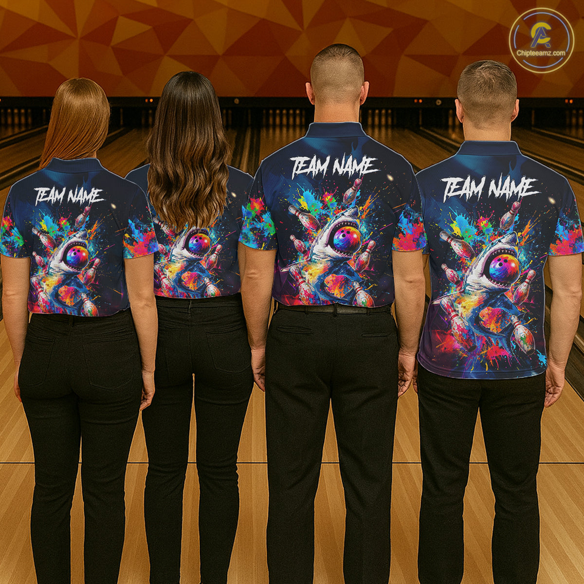 Men women bowling team wearing matching funny shark bowling jerseys during league tournaments, personalized team apparel representing friendship, humor, teamwork and championship spirit.