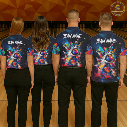 Men women bowling team wearing matching funny shark bowling jerseys during league tournaments, personalized team apparel representing friendship, humor, teamwork and championship spirit.