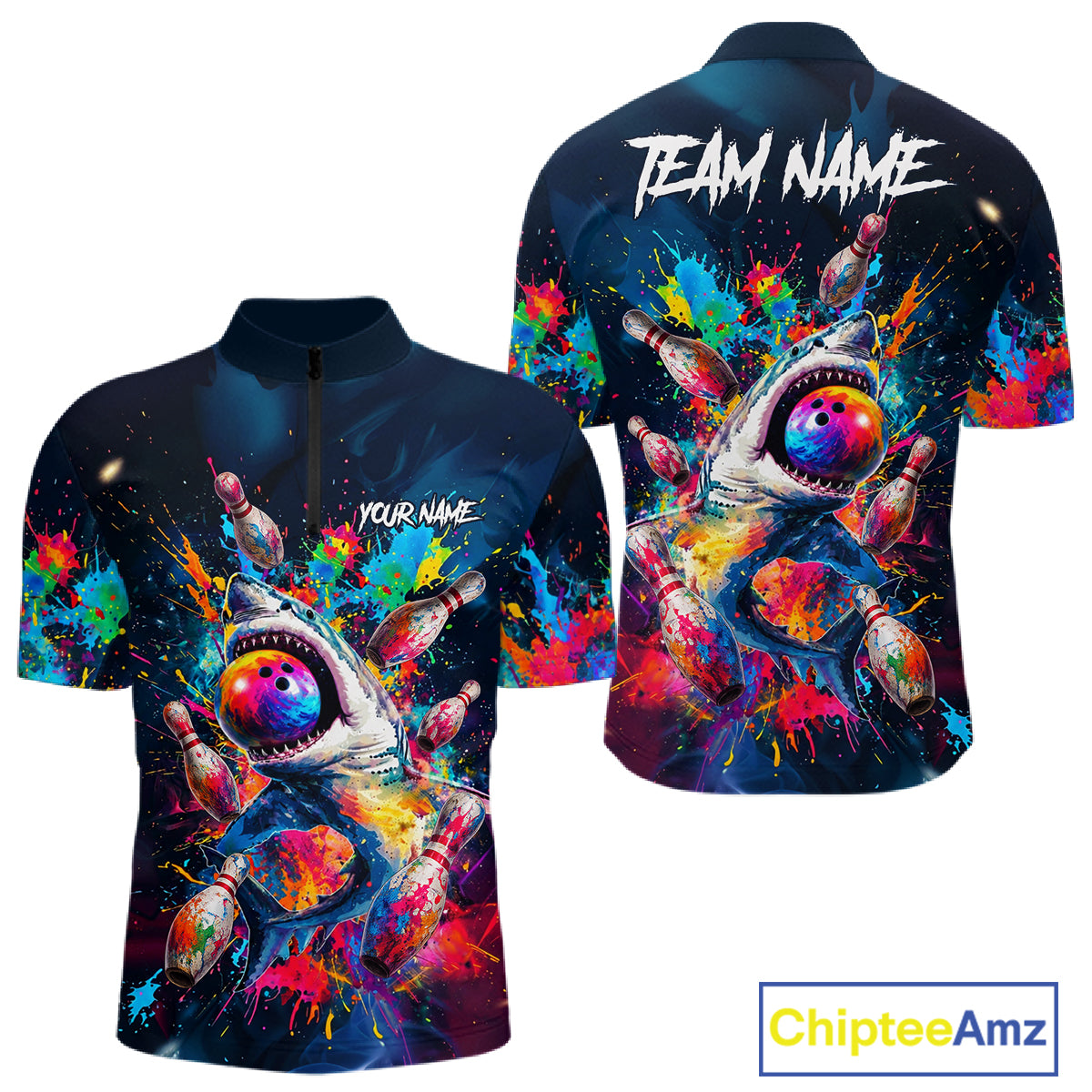Men's quarter-zip bowling jersey featuring colorful splatter shark design with bowling elements, custom performance apparel for bowling tournaments, league teams and unique bowling gifts, representing creativity, confidence and competitive spirit.