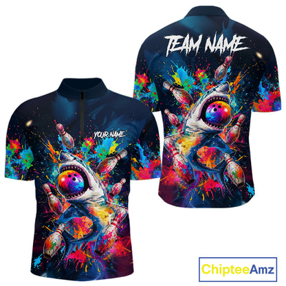 Men's quarter-zip bowling jersey featuring colorful splatter shark design with bowling elements, custom performance apparel for bowling tournaments, league teams and unique bowling gifts, representing creativity, confidence and competitive spirit.