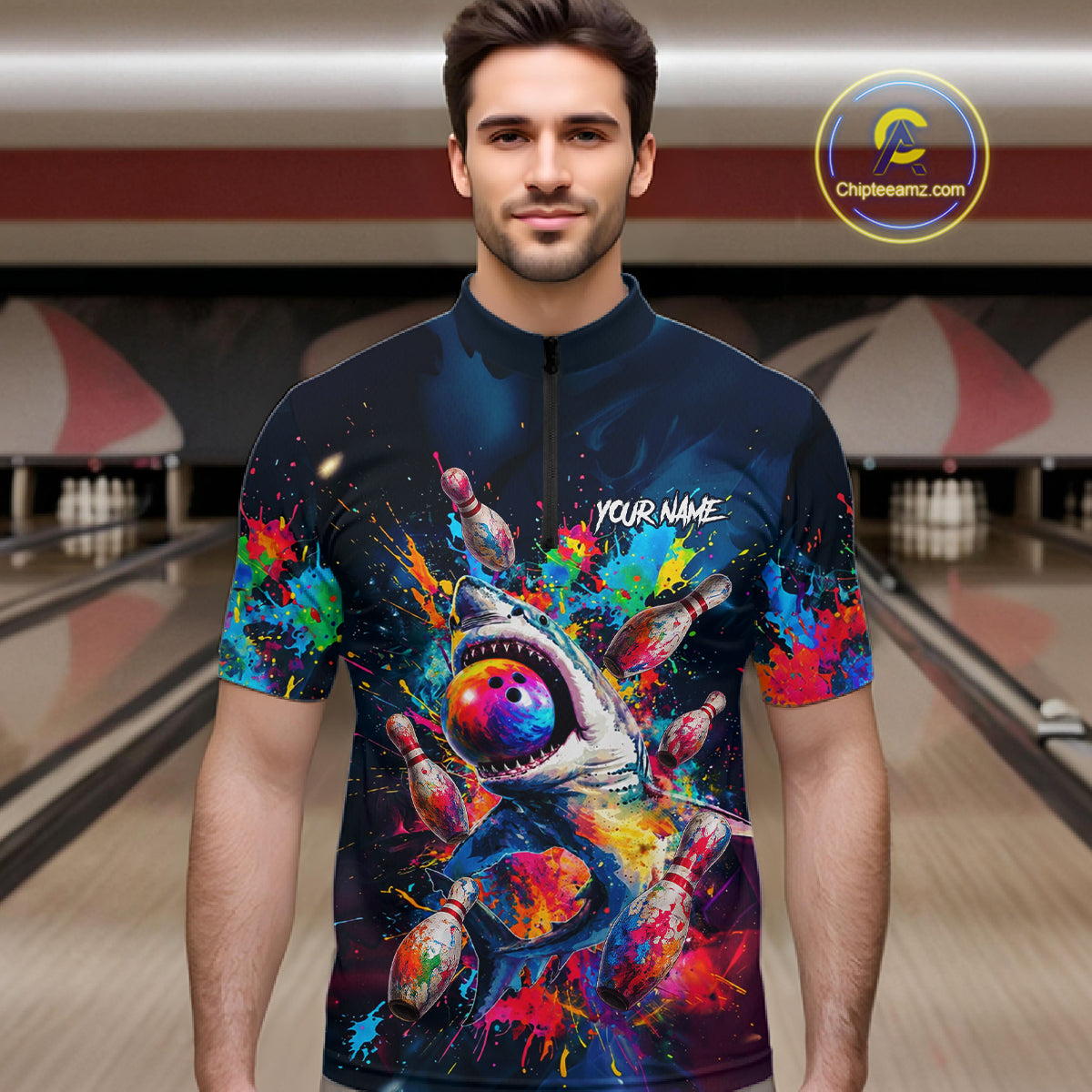 Male bowler wearing funny shark bowling jersey during league competition, premium bowling apparel for animal lovers, casual bowlers and tournament players, symbolizing fun, fearless competition and confidence.