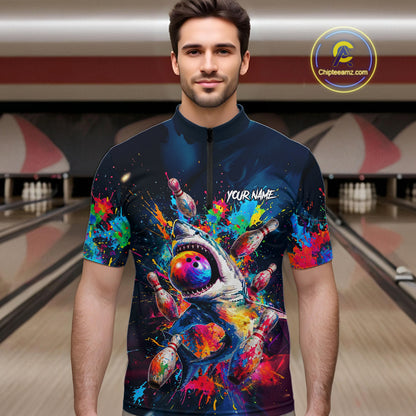Male bowler wearing funny shark bowling jersey during league competition, premium bowling apparel for animal lovers, casual bowlers and tournament players, symbolizing fun, fearless competition and confidence.